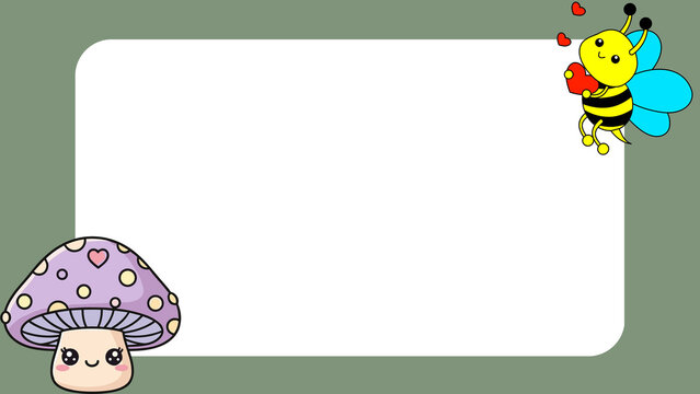 Kawaii cartoon frame with cute honey bee and mushroom. Pastel nature border for kids stationery. Whimsical garden background with copy space.