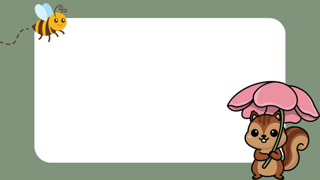 Cute cartoon squirrel with flower umbrella frame, adorable animal border for kids, nature themed blank message card with bee