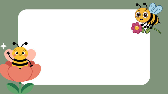 Whimsical cartoon bee border design featuring adorable flying insects and a blossoming flower, framing a spacious white area for custom messages, ideal for festive greetings and announcements