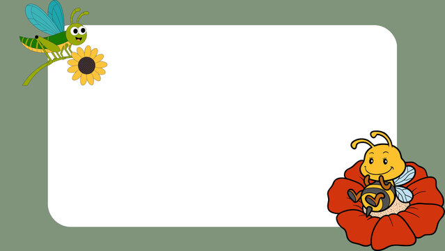 Whimsical Cartoon Frame Featuring a Cheerful Grasshopper with Sunflower and a Friendly Bee on a Red Blossom, Perfect for Kids' Designs, Invitations, or Nature-Themed Projects