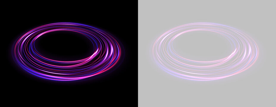 Two neon light rings create vibrant circular patterns. The glowing loops have bright pink and purple hues with smooth radiant edges. This abstract scene suggests energy flow and futuristic.