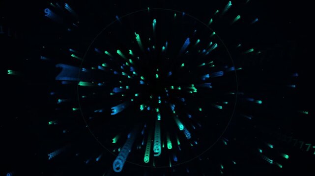 Glowing digital numbers zooming towards camera forming cyber speed tunnel