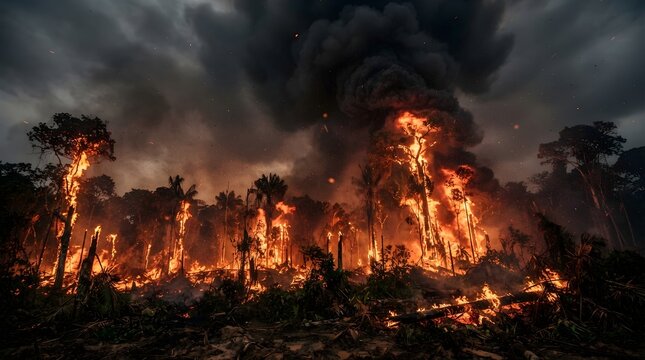 Rainforest Fire Disaster with Dense Smoke and Burning Trees, Wildfire in Tropical Forest, Environmental Crisis, Deforestation, Climate Change and Emergency Response Concept