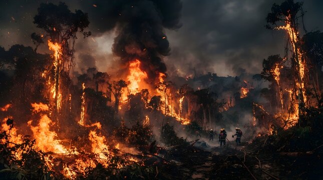 Rainforest Fire Disaster with Dense Smoke and Burning Trees, Wildfire in Tropical Forest, Environmental Crisis, Deforestation, Climate Change and Emergency Response Concept