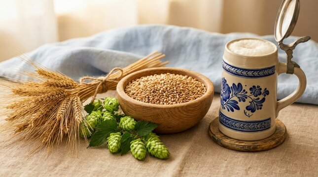 Ceramic beer mug with blue floral patterns and foam next to a wooden bowl of barley and fresh green hops on a linen tablecloth for brewing