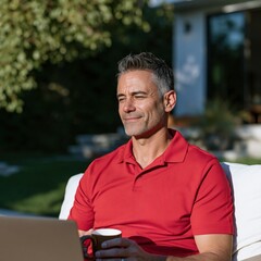 Fototapeta premium Man in red polo with coffee and laptop in backyard garden for relaxed home office background and outdoor lifestyle scene