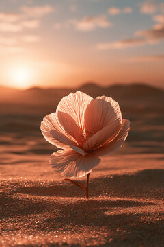 Einzelne rosa W&uuml;stenblume im Sand bei Sonnenuntergang, realistischer Stil in warmen Rosa- und Oranget&ouml;nen, geeignet f&uuml;r Naturkalender und Wellness-Werbung.