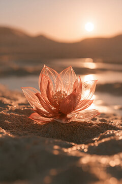 Einzelne rosa W&uuml;stenblume im Sand bei Sonnenuntergang, realistischer Stil in warmen Rosa- und Oranget&ouml;nen, geeignet f&uuml;r Naturkalender und Wellness-Werbung.