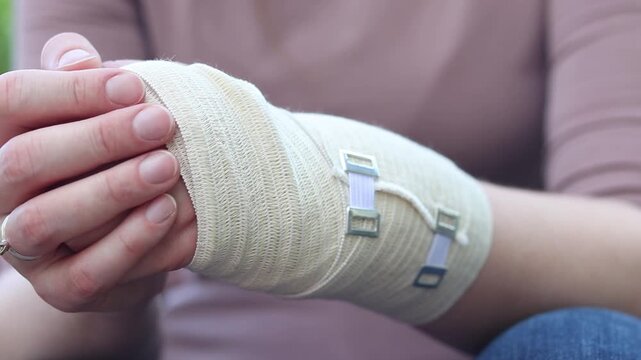 Injured hand of a patient with an elastic bandage on the wrist on a blurred natural background. Close-up of a female hand tightly bandaged with a medical elastic bandage to fix the joint