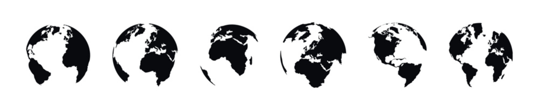 Collection of stylized black earth globes showing different continents and perspectives