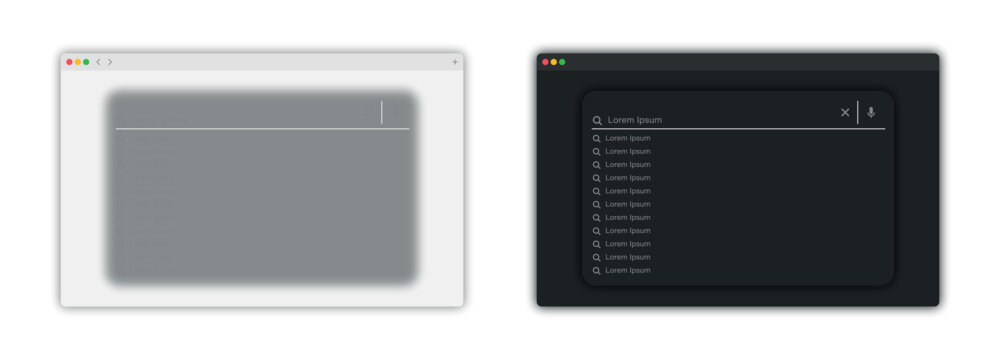 Modern browser search bar interface with suggestions in light and dark modes