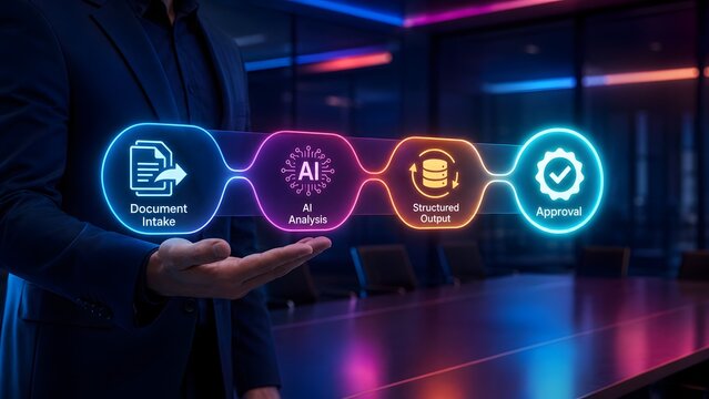 Corporate executive holding glowing holographic AI document processing workflow displaying intake analysis and approval stages