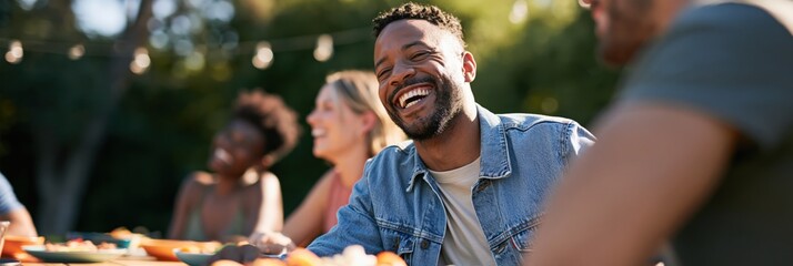 Naklejka premium Panoramic outdoor summer picnic with diverse friends laughing and enjoying food for banner background and event promotion