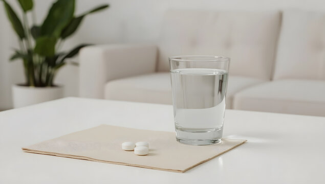 White medical pills with glass of water
