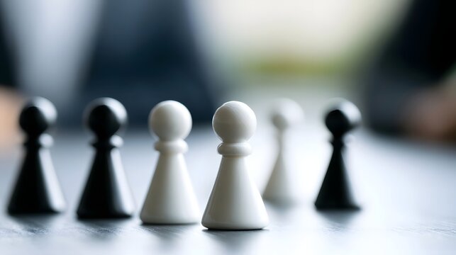 A row of white and black chess pawns arranged in a line on a smooth surface with shallow depth of field