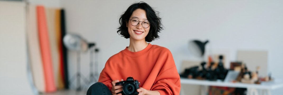 Female photographer portrait in a bright studio holding a camera for creative website banner and portfolio background with warm minimal lifestyle aesthetic