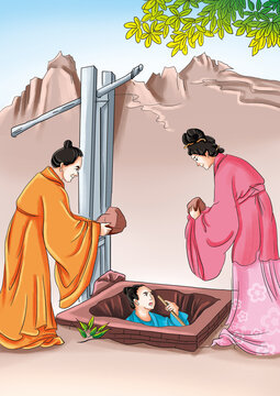 Ancient Chinese myths and Legends: the immortal Shun. Shun's father arranged for Shun to dig a well. Then Shun's father and brother pushed some big stones down to kill him. Shun was safe and sound.