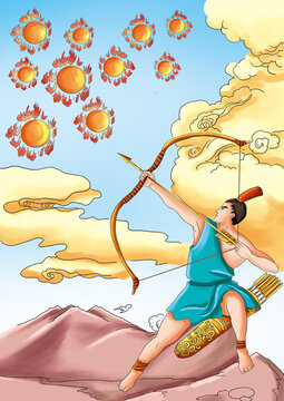 Ancient Chinese myths and Legends: Hou Yi shot the sun. There are 10 suns in the air, which has brought disaster to mankind. In order to save mankind, Yi took a bow and arrow and shot at the nine suns