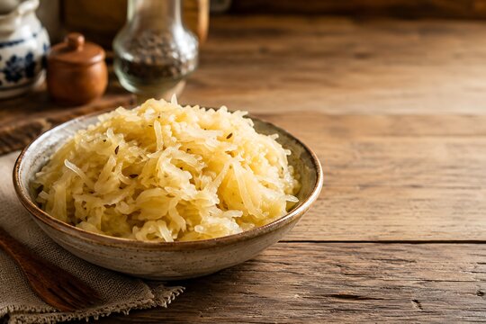 Bowl of fresh sauerkraut on rustic wooden table, traditional fermented cabbage side dish.