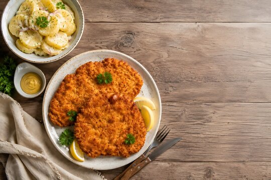 Crispy breaded schnitzel with potato salad on a rustic wooden table top view