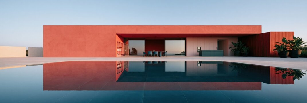 Panoramic modern villa with coral red facade reflected in a calm pool for architectural background banner and luxury real estate display