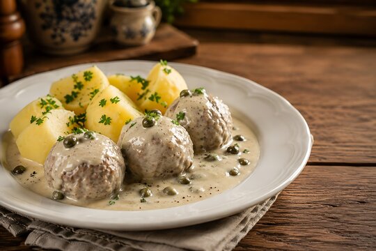 Swedish meatballs with creamy caper sauce and boiled potatoes on a rustic wooden table