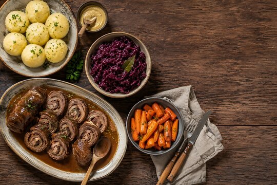 Traditional German beef roulades with potato dumplings, red cabbage and glazed carrots.