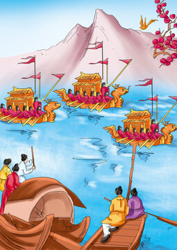 Ancient Chinese folklore and Myth: Dragon Boat Race, people carve dragon shaped canoes in the sound of drums and do Race Games to entertain gods and people. It is also used to commemorate Qu Yuan.