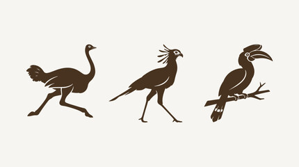 Fototapeta premium Silhouette vector illustration featuring three distinct exotic birds including an ostrich a secretary bird and a tropical hornbill species design
