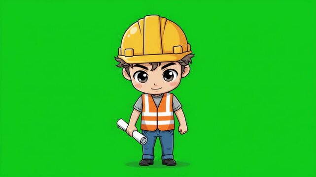 Cute cartoon character of a construction worker with a hard hat and safety vest holding blueprints on a green screen.