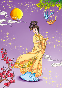 Ancient Chinese myths and Legends: Beauty Diao Zen. When Diao Chan was worshipping the moon in the back garden, a light wind suddenly blew, and a floating cloud covered the bright moon.