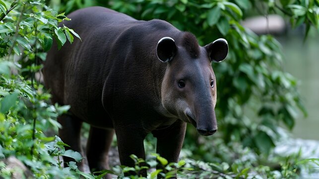A large dark brown tapir stands calmly among lush green foliage in a dense forest environment with soft natural lighting