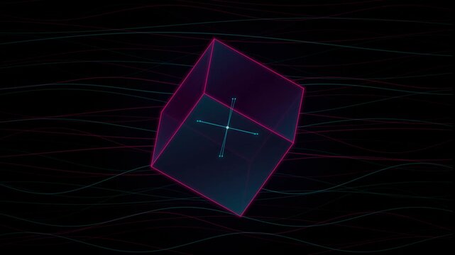 Abstract digital cube with glowing nodes and data lines on dark background