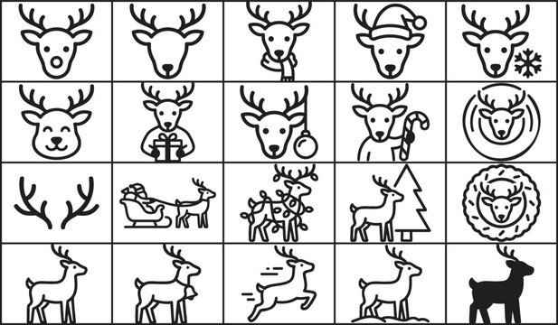 Christmas Reindeer Icons Collection Minimalist Holiday Vector Set