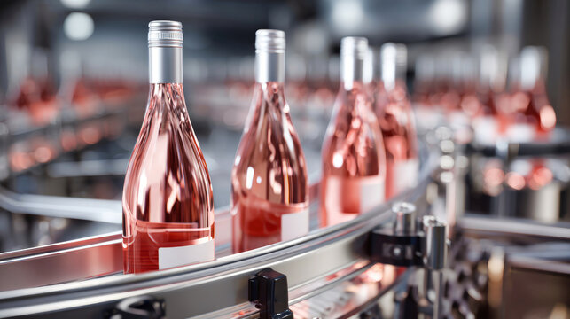 Bottles of ros wine are being packaged on a stainless steel conv