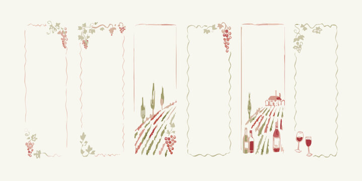 Wine vineyard frames with grapes bottles and rolling hills illustration