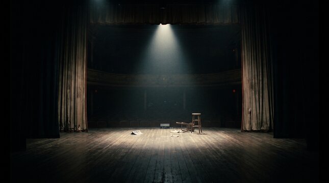 Empty theater stage with spotlight and wooden stool