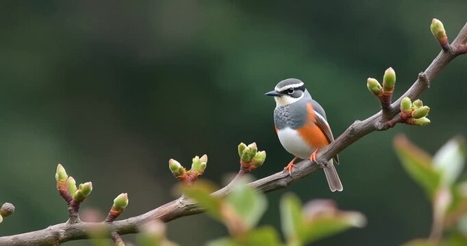 White browed robin chat displaying bright orange flanks and prominent white supercilium perched on budding tree branch