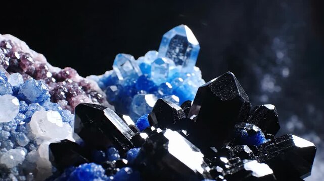 Close up of sparkling minerals with complex crystal structures and varied color