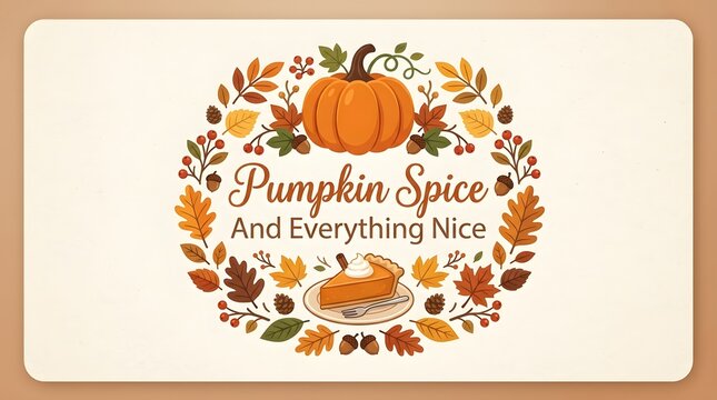 Cozy autumn greeting card design with pumpkin spice pie and fall foliage wreath illustration