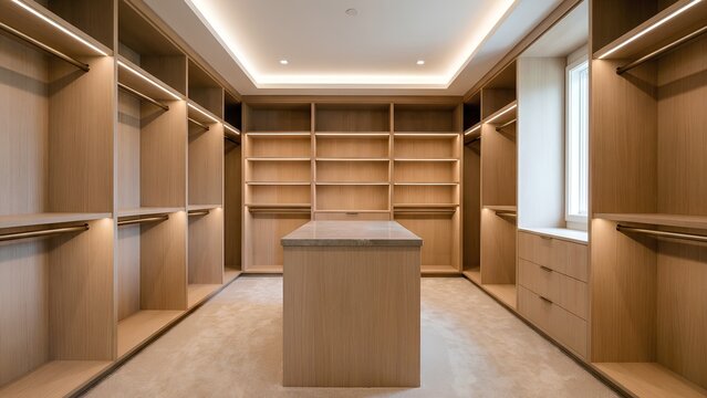 Large empty modern walk in closet with light wood cabinetry