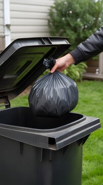 Mans hand places a full black garbage bag into a large outdoor trash bin