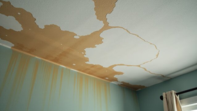A room with a peeling ceiling paint, a common issue in many homes