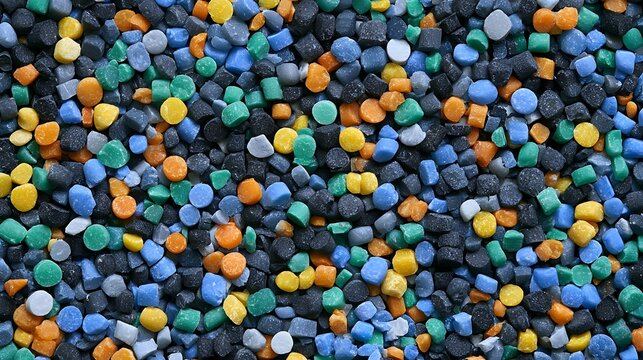 Top view of multicolored plastic polymer pellets arranged in a dense pile. Useful for industrial manufacturing and sustainable material recycling concepts.