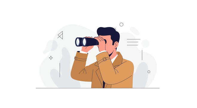 Man looking through binoculars, concept of searching, discovery, and future vision, modern flat vector illustration