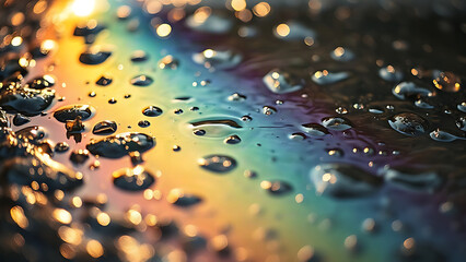 Obraz premium Rain puddle with thin rainbow oil film and iridescent reflections.
