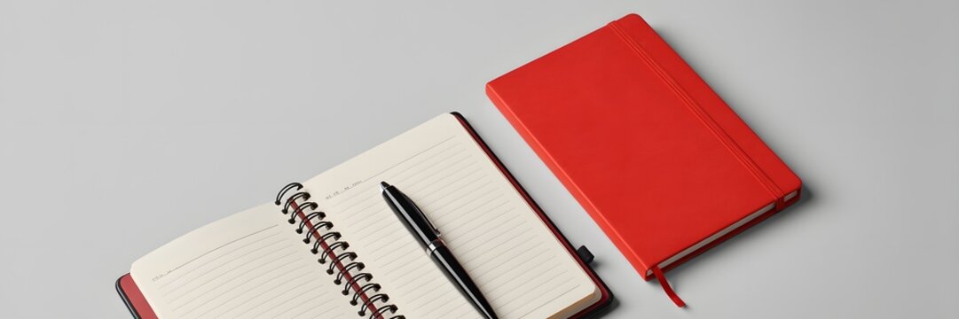 Overhead view of a sleek red journal beside an open spiral notebook with a black pen
