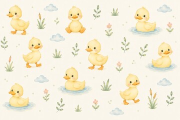 Fototapeta premium Cute Duckling Seamless Watercolor Pattern with Pastel Pond Elements