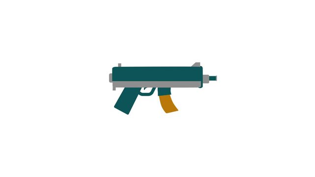 Sub machine gun firing icon animation, compact tactical firearm motion graphic. Military and hunting weapons firing concept animation.