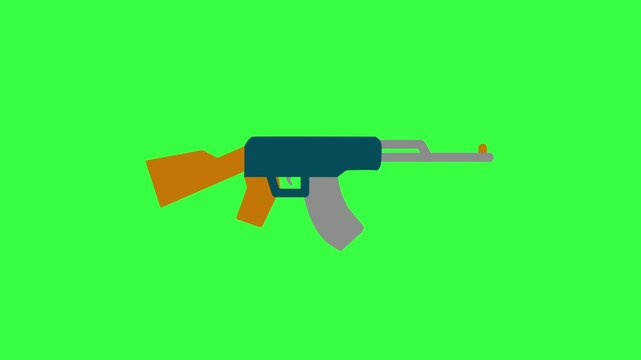 Animation of a rifle firing with a rapid muzzle flash and bullet trail, military weapon shooting animation on green background.